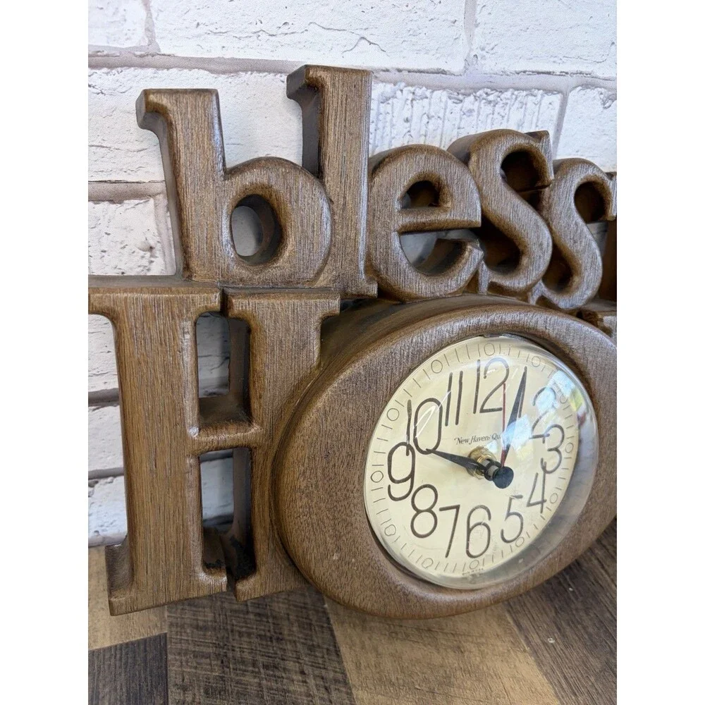 Vintage Wall Clock “Bless This House” By Burwood 1980’s Brown WORKS